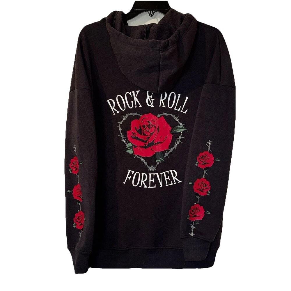 Grunge Graphic Zip Up Hoodie M Black Rock Roll Rose Barbed Wire Oversized